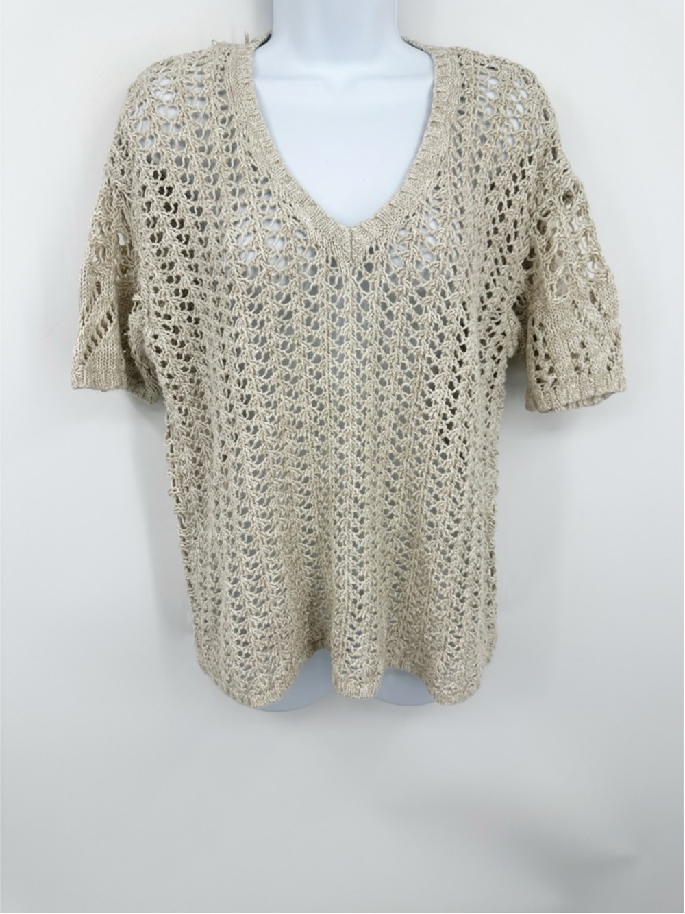Vintage Y2K Style Tan Knit Blouse Size Medium Boho V Neck Whimsical Fairycore